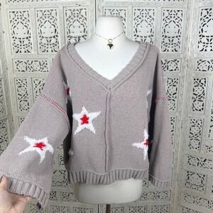 POL Star Patchwork Chunky V Neck Sweater Sz Medium Slouchy Oversized Chunky